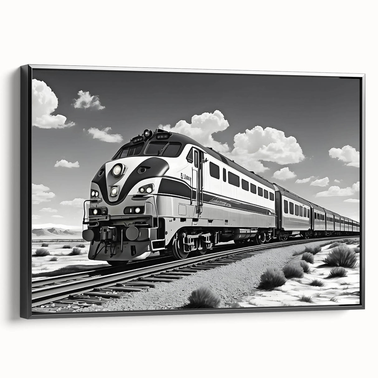 Framed canvas wall art from the Landscapes Railroads Design 21 collection, featuring a scenic railroad landscape in vibrant colors against a black frame, ideal for home decor.