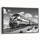Framed canvas wall art from the Landscapes Railroads Design 21 collection, featuring a scenic railroad landscape in vibrant colors against a black frame, ideal for home decor.