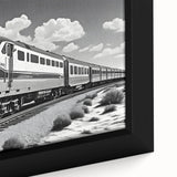 Framed canvas wall art depicting a vibrant railroad landscape design, showcasing rich colors and intricate details, perfect for home or office decor.