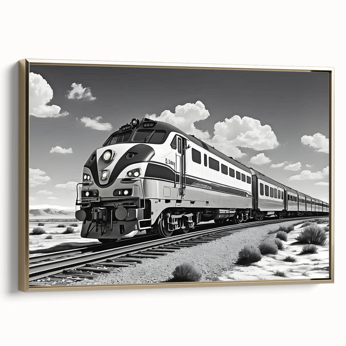 Framed canvas wall art showcasing a scenic railroad landscape design, featuring vibrant colors and intricate details, set in an elegant gold frame. Perfect for enhancing home decor.