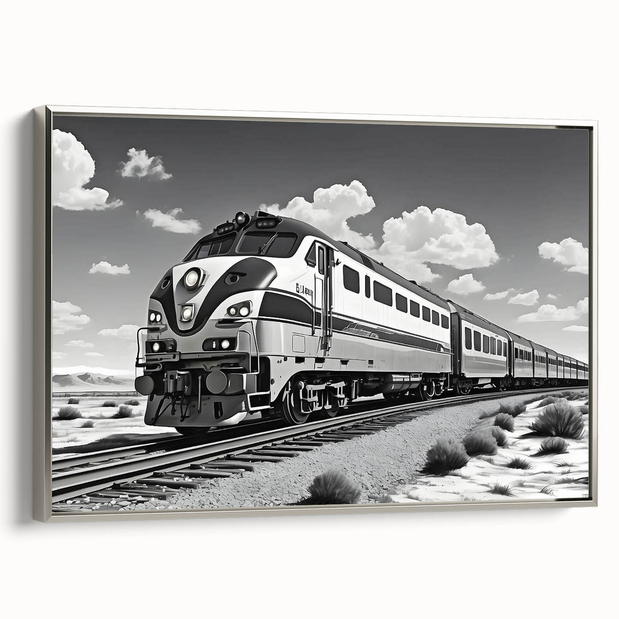 Framed canvas wall art showcasing a serene railroad landscape design with silver accents, perfect for home decor. Ideal for nature and travel enthusiasts.