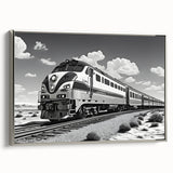 Framed canvas wall art showcasing a serene railroad landscape design with silver accents, perfect for home decor. Ideal for nature and travel enthusiasts.