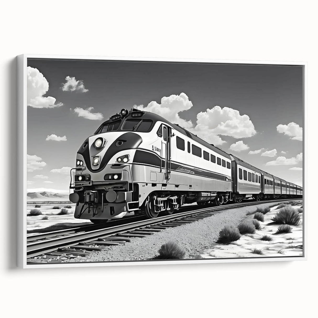 Framed canvas wall art featuring a scenic railroad landscape design, showcasing vibrant colors and intricate details, set against a white backdrop for a modern aesthetic.
