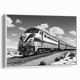 Framed canvas wall art featuring a scenic railroad landscape design, showcasing vibrant colors and intricate details, set against a white backdrop for a modern aesthetic.
