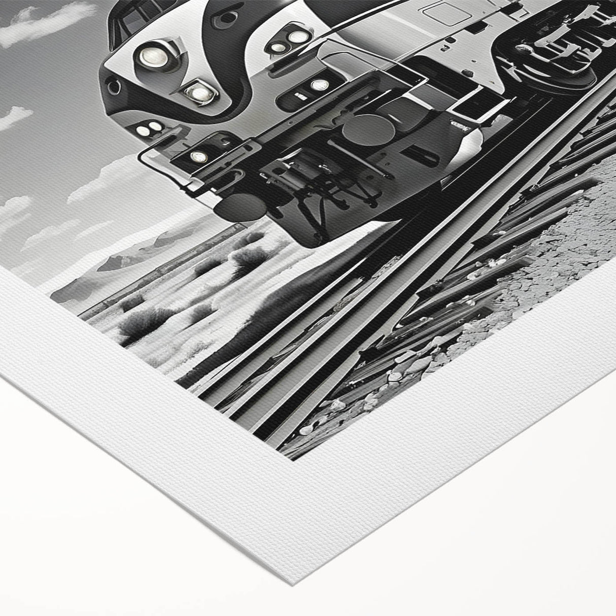 Rolled canvas art showcasing a vibrant railroad landscape design, featuring intricate details and rich colors, ideal for enhancing home decor aesthetics.