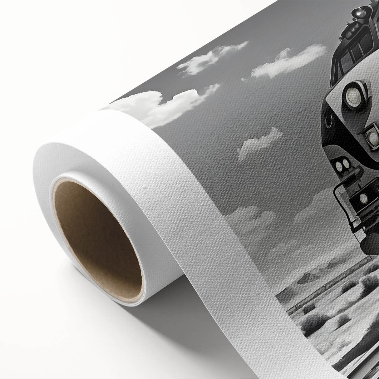 Rolled canvas artwork showcasing a vibrant railroad landscape design, featuring rich colors and intricate details, ideal for contemporary home decor. Perfectly packaged for safe delivery.