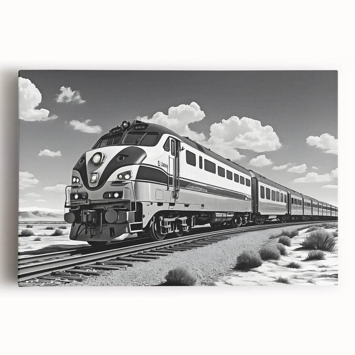 Stretched canvas wall art showcasing a vibrant railroad landscape design, featuring rich colors and intricate details, perfect for modern home decor.