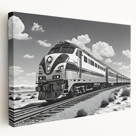Stretched canvas wall art showcasing a scenic railroad landscape design, featuring vibrant colors and detailed textures, ideal for home or office decor.