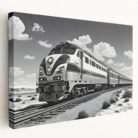 Stretched canvas wall art showcasing a scenic railroad landscape design, featuring vibrant colors and detailed textures, ideal for home or office decor.