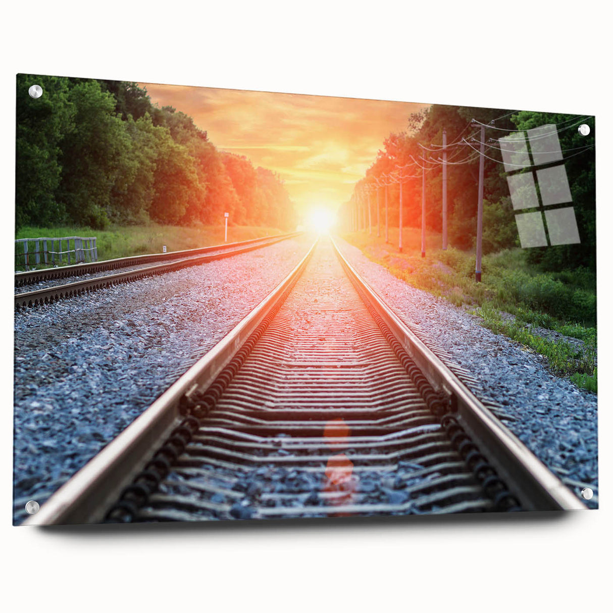 Acrylic glass wall art piece showcasing a vibrant railroad landscape design, featuring a side view with decorative pins, ideal for modern home decor.