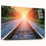 Acrylic glass wall art piece showcasing a vibrant railroad landscape design, featuring a side view with decorative pins, ideal for modern home decor.