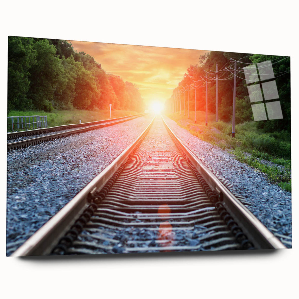 Acrylic glass wall art collection featuring a vibrant railroad landscape design, showcasing detailed colors and textures, ideal for modern home decor.