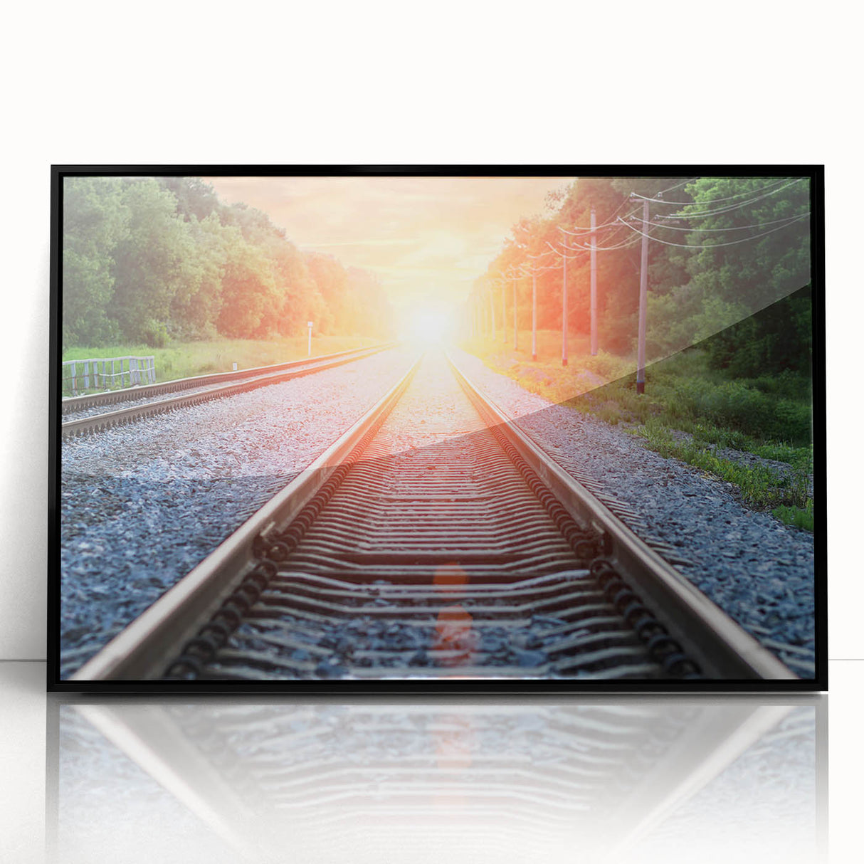 Framed acrylic wall art featuring a stunning railroad landscape design with vibrant colors, showcased from a front view against a black frame, perfect for home decor.