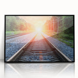 Framed acrylic wall art featuring a stunning railroad landscape design with vibrant colors, showcased from a front view against a black frame, perfect for home decor.