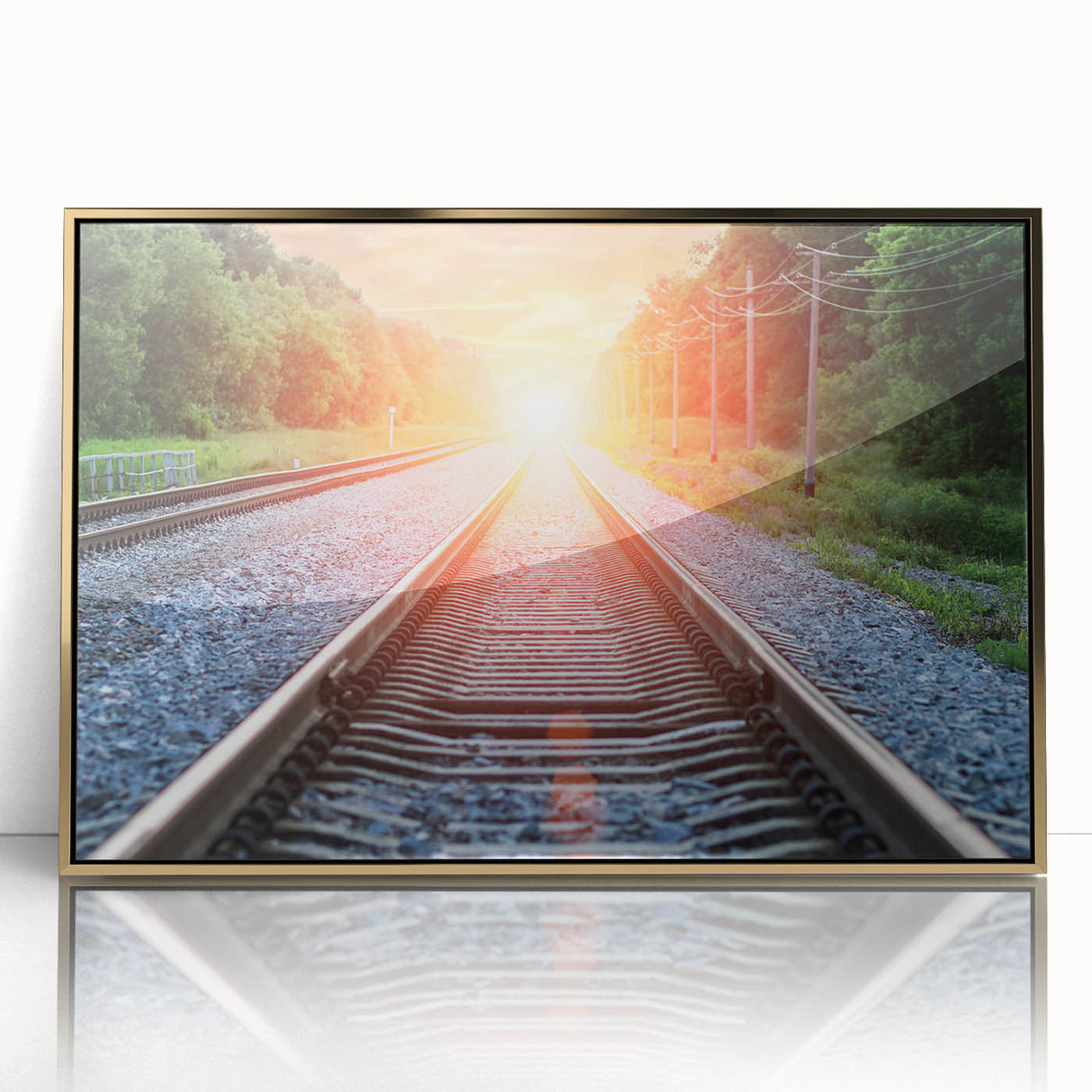 Framed acrylic wall art showcasing a stunning railroad landscape design with gold accents, perfect for home or office decor, capturing vibrant colors and intricate details.