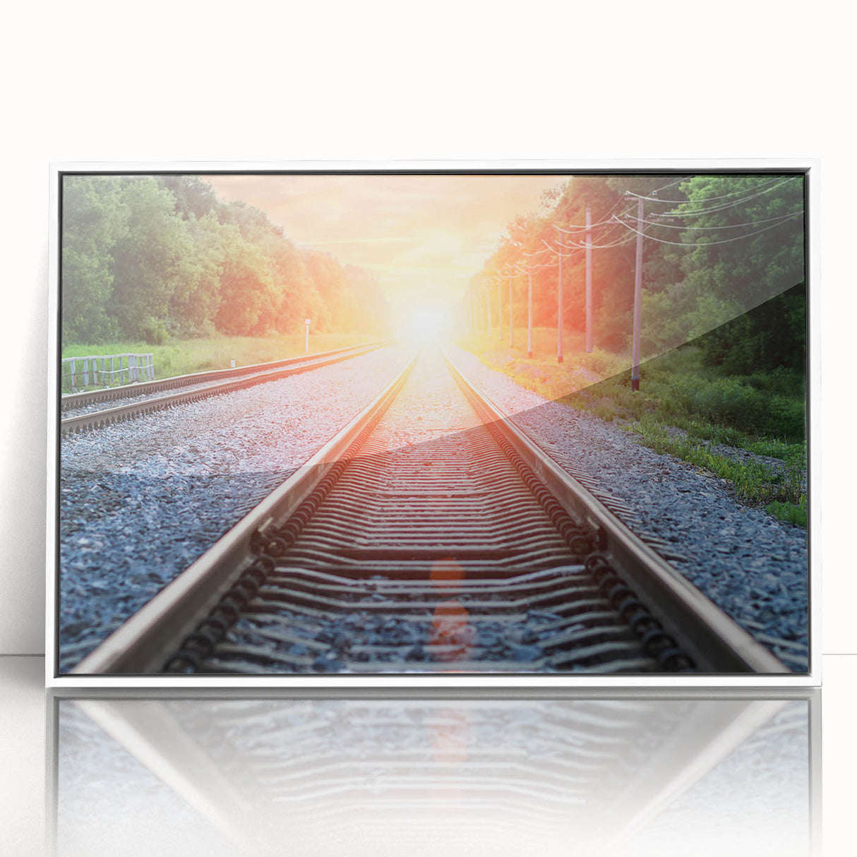 Framed wall art featuring a modern railroad landscape design with vibrant colors and intricate details, set against a sleek white frame, perfect for home decor.