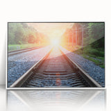 Framed wall art featuring a modern railroad landscape design with vibrant colors and intricate details, set against a sleek white frame, perfect for home decor.