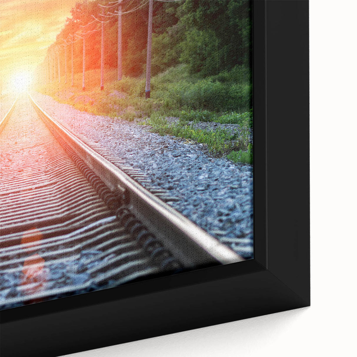 Framed canvas close-up showcasing a vibrant railroad landscape design with rich colors and intricate details, perfect for home or office decor enhancement.