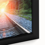 Framed canvas close-up showcasing a vibrant railroad landscape design with rich colors and intricate details, perfect for home or office decor enhancement.