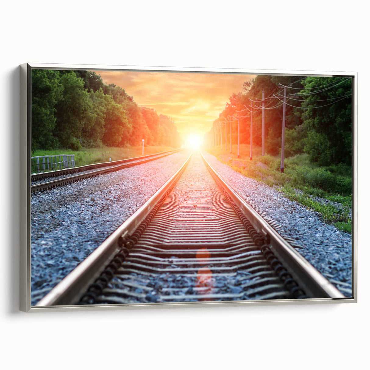 Framed canvas wall art showcasing a stunning railroad landscape design with silver accents, perfect for modern home decor. Ideal for art enthusiasts and collectors.