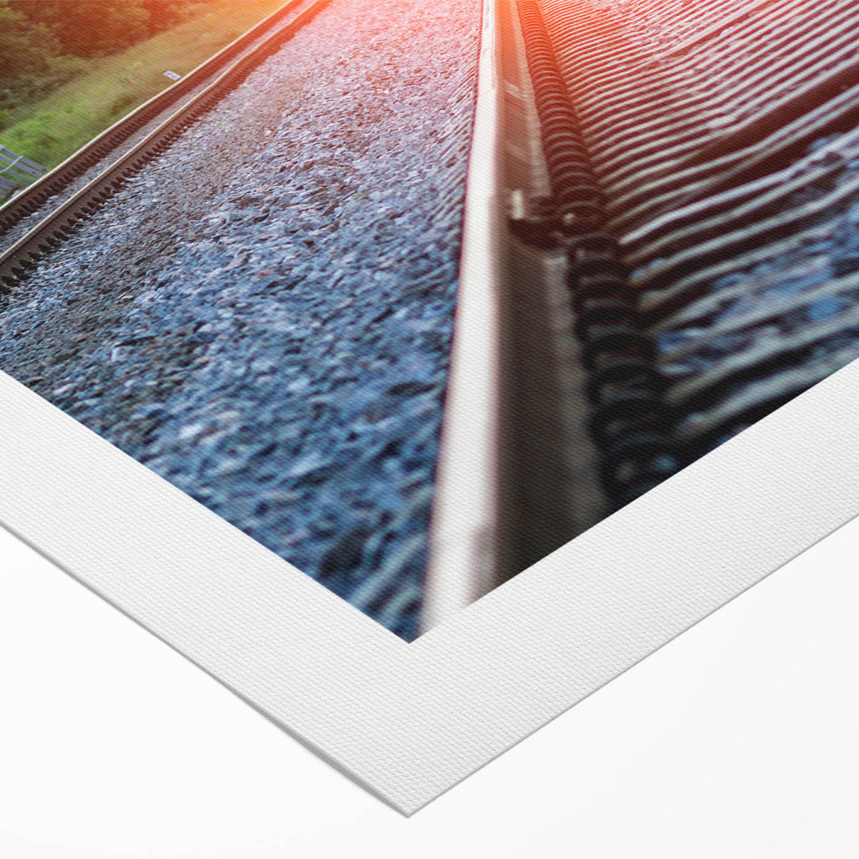 Rolled canvas wall art showcasing a vibrant railroad landscape design, featuring detailed brush strokes and rich colors, ideal for home decor or art enthusiasts.