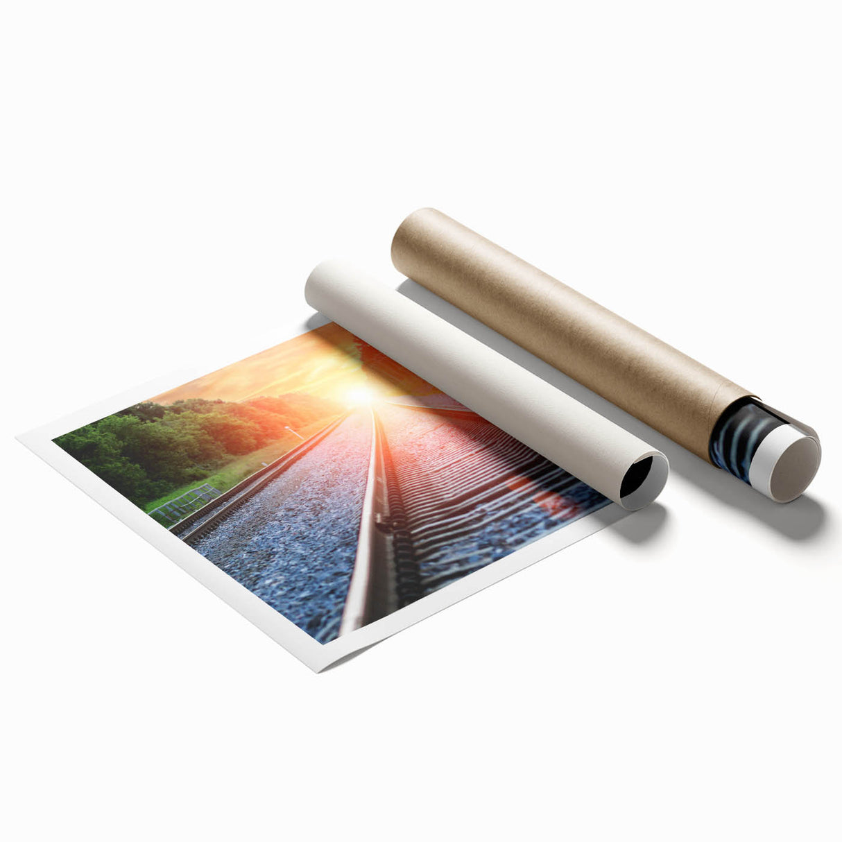 Rolled print showcasing a vibrant landscape railroad design, featuring lush greenery and train tracks, ideal for home or office decor, packaged securely in a cardboard tube.