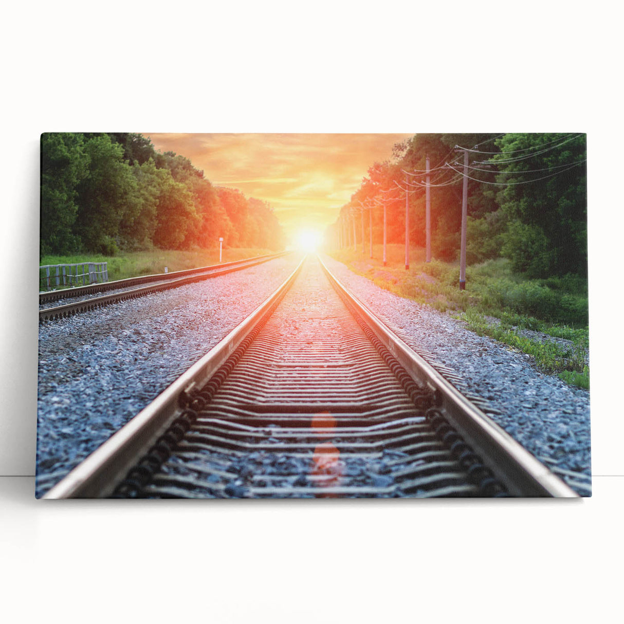 Stretched canvas artwork showcasing a vibrant railroad landscape design, featuring rich colors and intricate details, ideal for modern home decor.