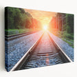 Stretched canvas wall art showcasing a vibrant railroad landscape design with rich colors and intricate details, perfect for enhancing home decor.