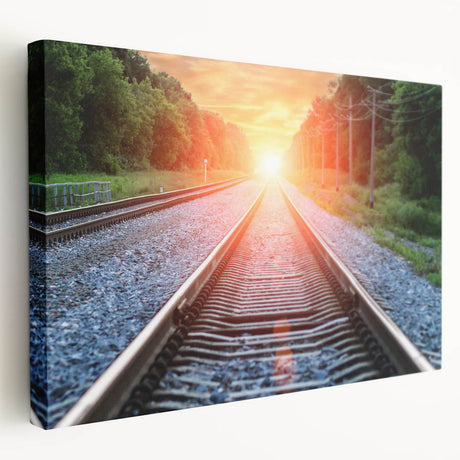 Stretched canvas wall art showcasing a vibrant railroad landscape design with rich colors and intricate details, perfect for enhancing home decor.