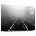 Acrylic glass wall art collection featuring scenic landscapes and railroads, displayed in a side view with pins, perfect for modern decor enthusiasts.