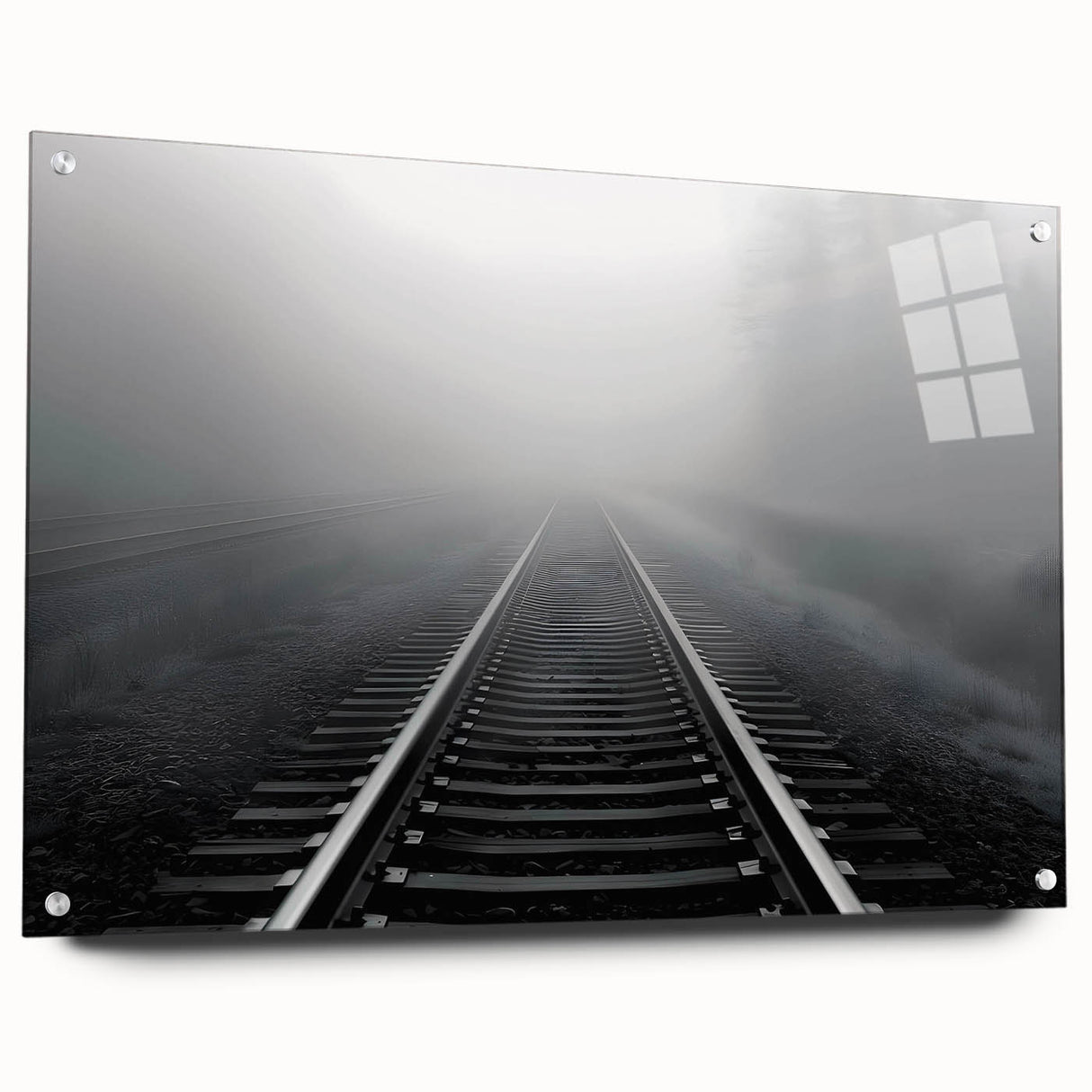 Acrylic glass wall art collection featuring scenic landscapes and railroads, displayed in a side view with pins, perfect for modern decor enthusiasts.