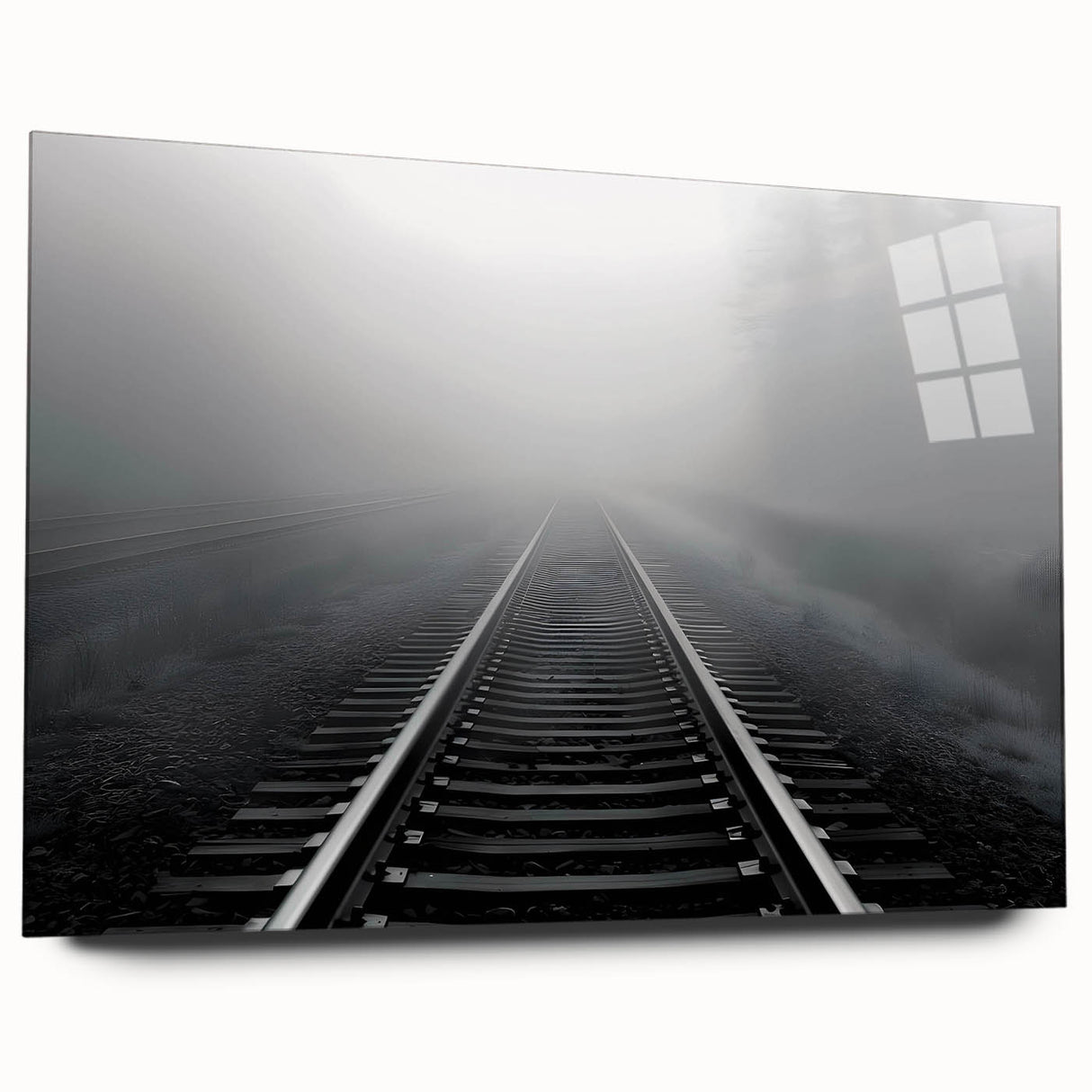 Acrylic glass wall art collection showcasing a vibrant railroad landscape design, viewed from the side, highlighting its sleek finish and modern aesthetic, perfect for interior decor.