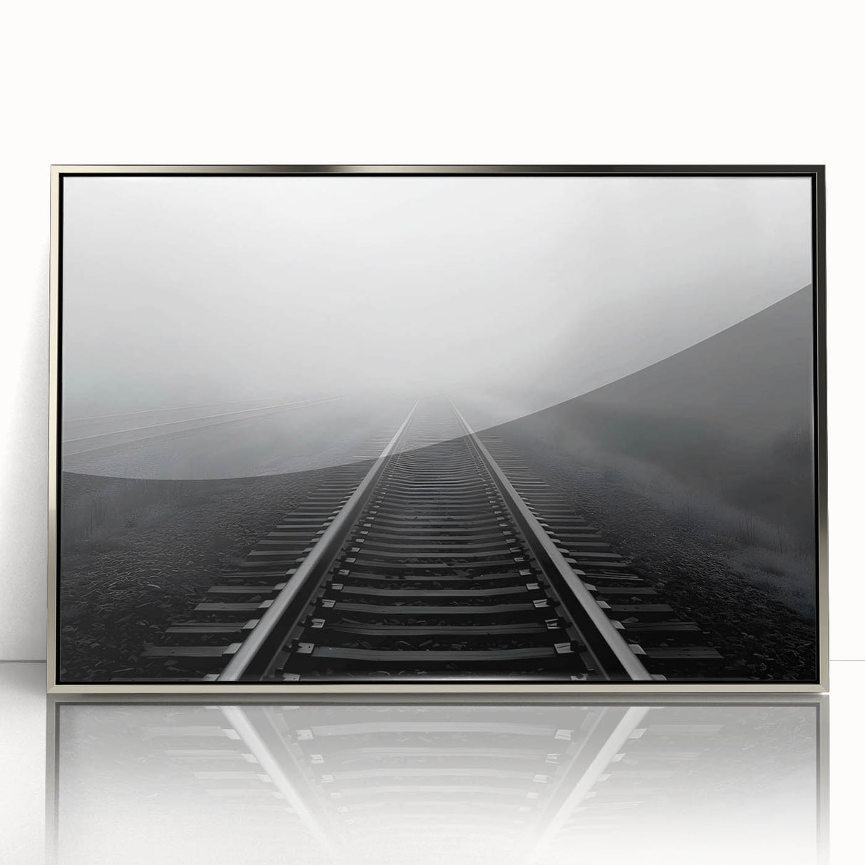 Framed acrylic wall art showcasing a scenic railroad landscape design with silver accents, ideal for enhancing modern home decor. Perfect for art enthusiasts.