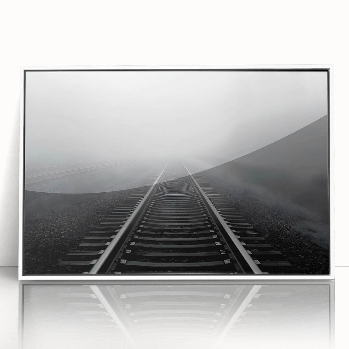 Framed wall art collection showcasing serene landscapes and railroads, presented in a sleek white frame, ideal for enhancing modern home decor.