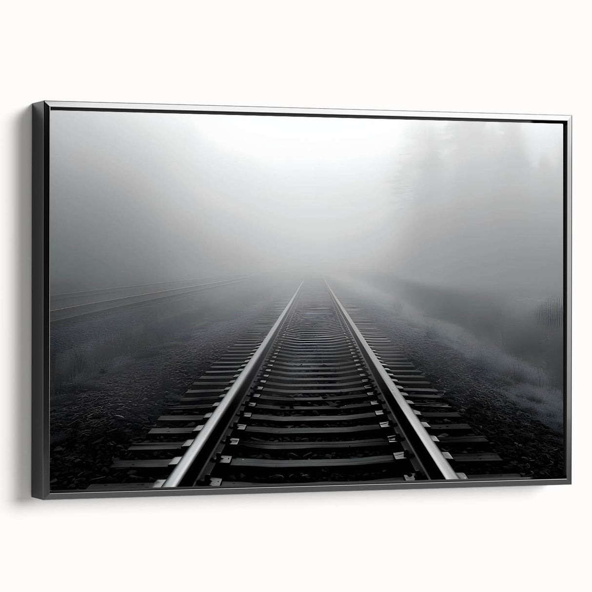 Framed canvas wall art showcasing a scenic railroad landscape design, with a sleek black frame, perfect for enhancing home decor. The artwork captures vibrant colors and intricate details, ideal for railway enthusiasts and art lovers alike.