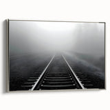 Framed canvas wall art showcasing a scenic landscape with a railroad theme, featuring silver accents and a refined side view, perfect for modern home decor.