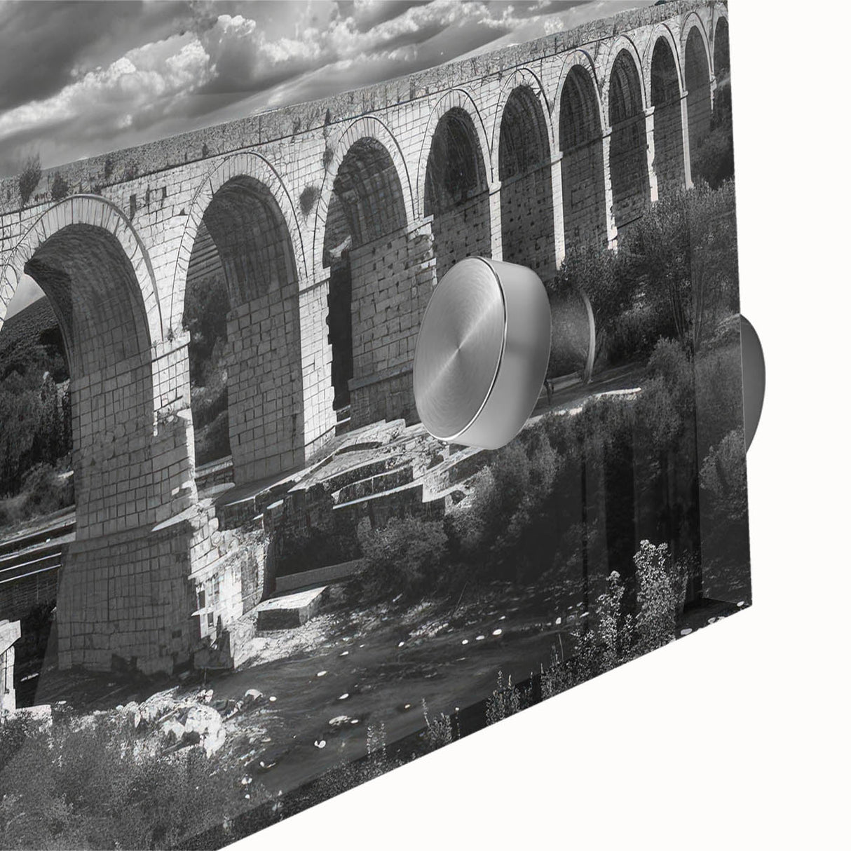 Close-up of a vibrant acrylic glass wall art piece showcasing a stunning landscape with railroad tracks, emphasizing depth and color contrast for modern decor.