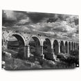 Acrylic glass wall art piece showcasing a vibrant railroad landscape design, featuring a side view with decorative pins. Ideal for modern home décor, this artwork adds a unique touch to any space.