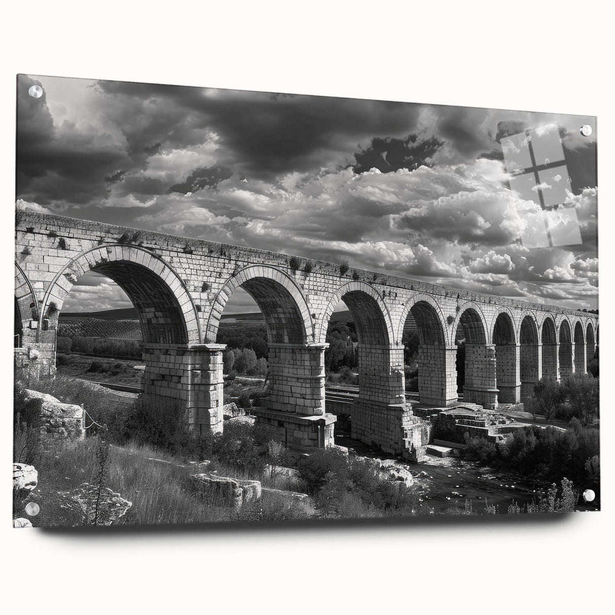 Acrylic glass wall art piece showcasing a vibrant railroad landscape design, featuring a side view with decorative pins. Ideal for modern home décor, this artwork adds a unique touch to any space.