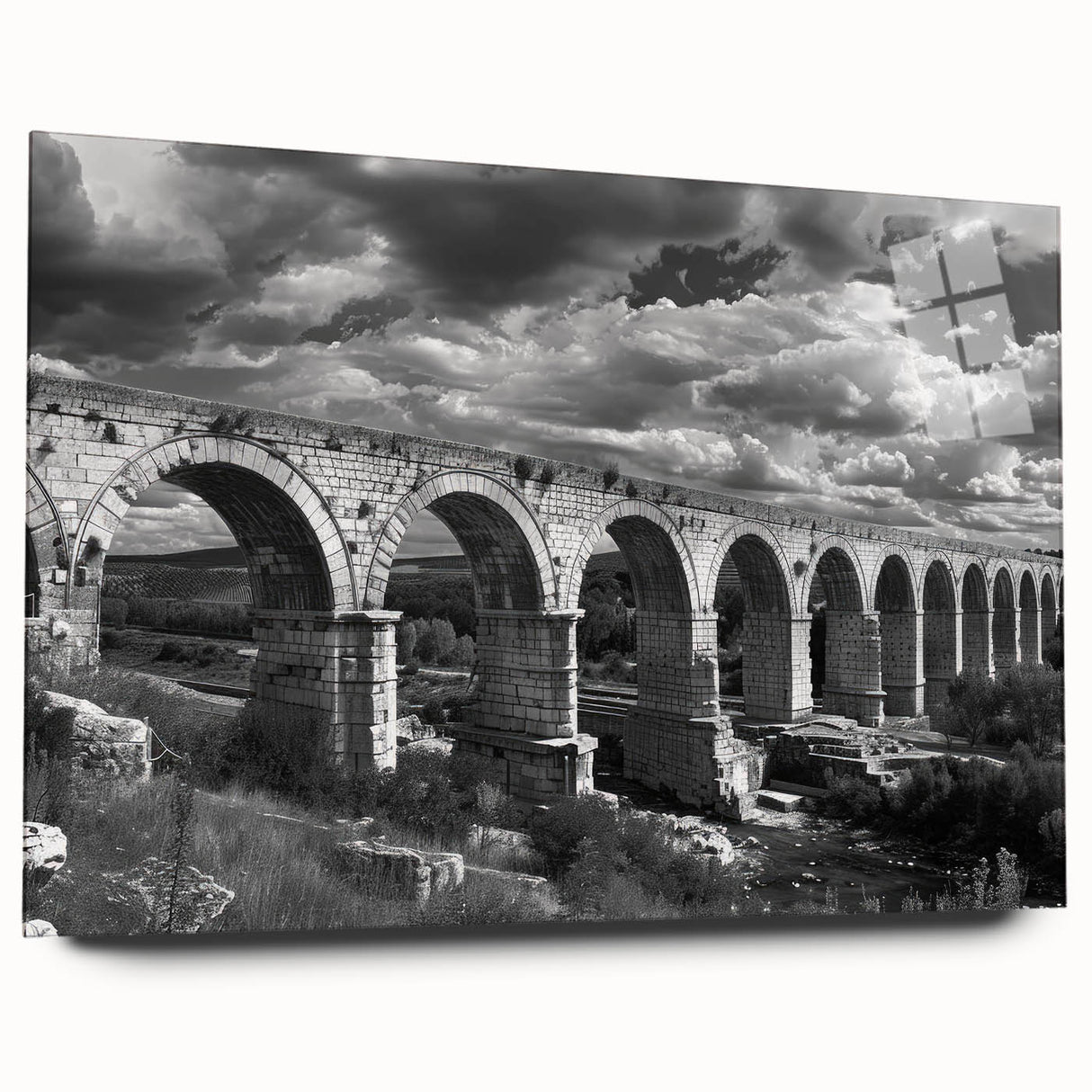 Acrylic glass wall art collection showcasing a vibrant landscape with railroad design, elegantly framed and displayed from a side view, highlighting its sleek finish and artistic details.