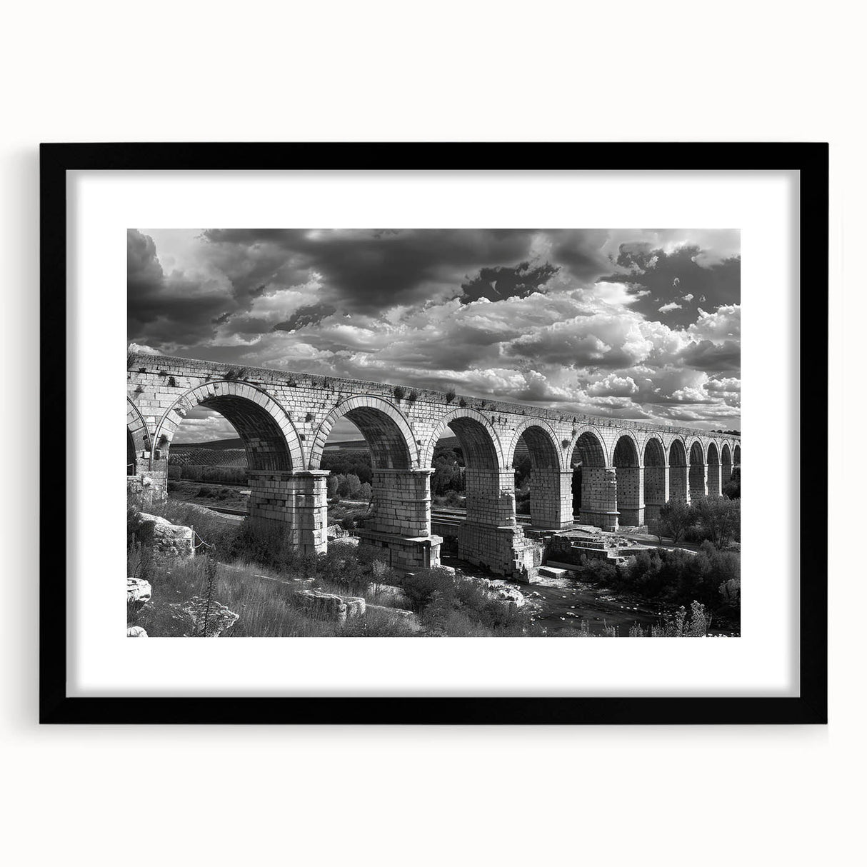Framed black wall art featuring a scenic railroad landscape design, showcasing vibrant colors and intricate details, perfect for enhancing home decor.