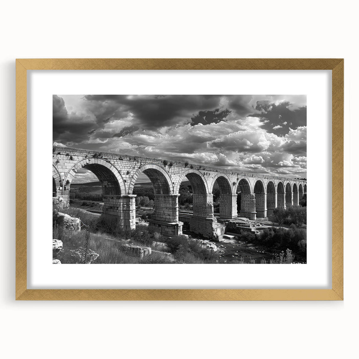 Elegant wall art collection featuring a framed landscape design with railroads, showcasing a gold frame and matting, ideal for enhancing home decor.