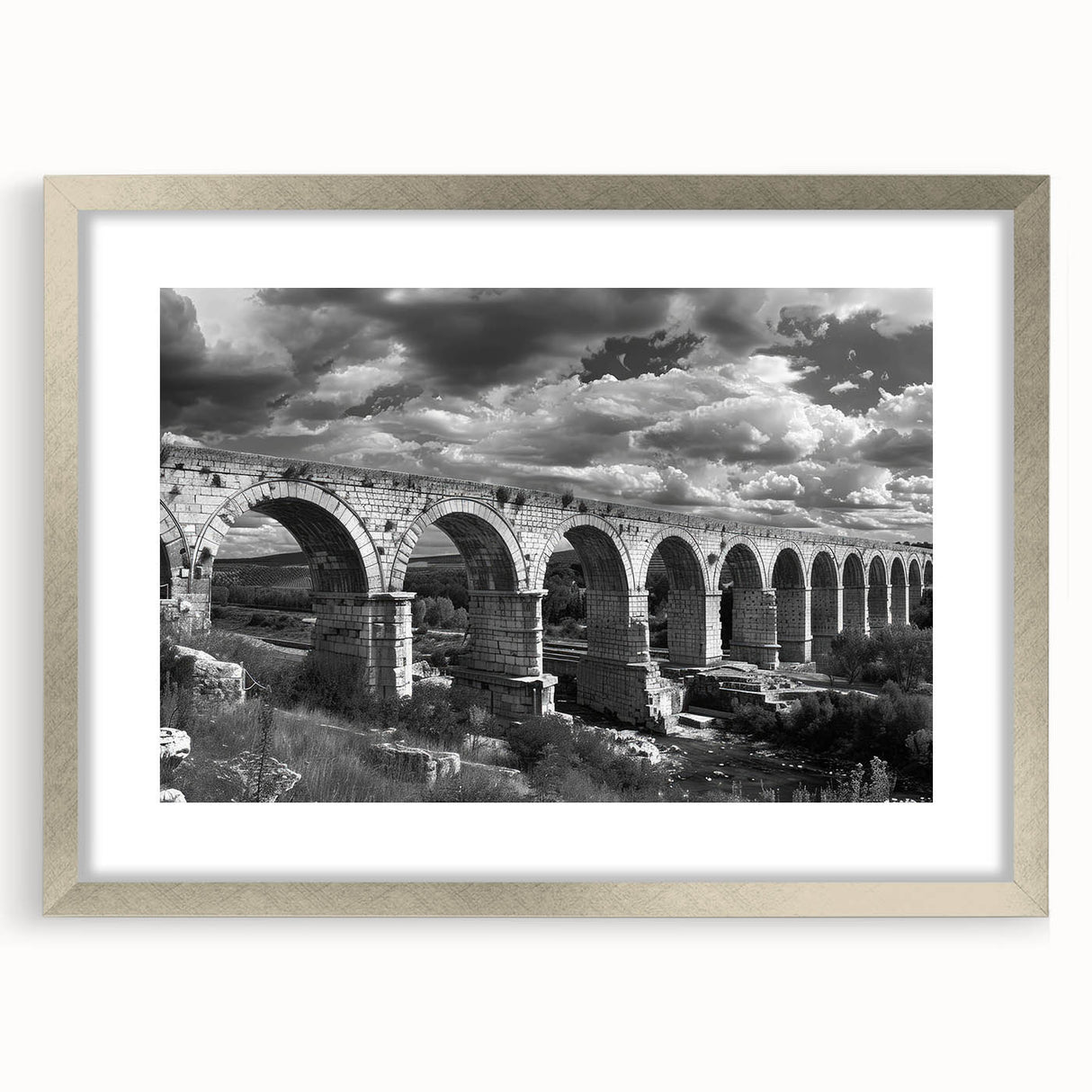 Framed wall art collection featuring a scenic landscape with railroads, displayed in a sleek silver frame with a mat, perfect for home décor enhancement.