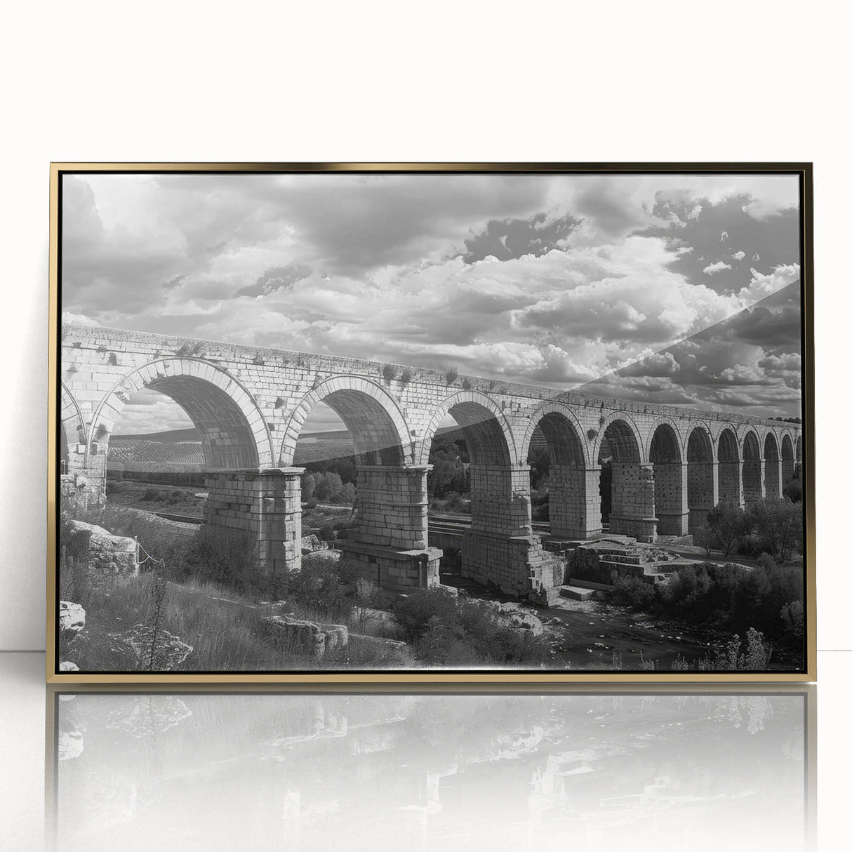 Framed acrylic wall art collection showcasing a vibrant railroad landscape design in gold tones, perfect for enhancing modern home decor. The artwork captures intricate details and colors, ideal for train enthusiasts and art lovers alike.