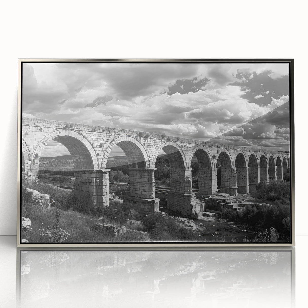 Framed acrylic wall art featuring a stunning landscapes and railroads design in silver, showcasing intricate details and vibrant colors, perfect for modern decor.