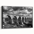 Framed canvas wall art collection titled "Landscapes and Railroads," featuring a vibrant black frame, showcasing a scenic railroad landscape design in a modern setting.