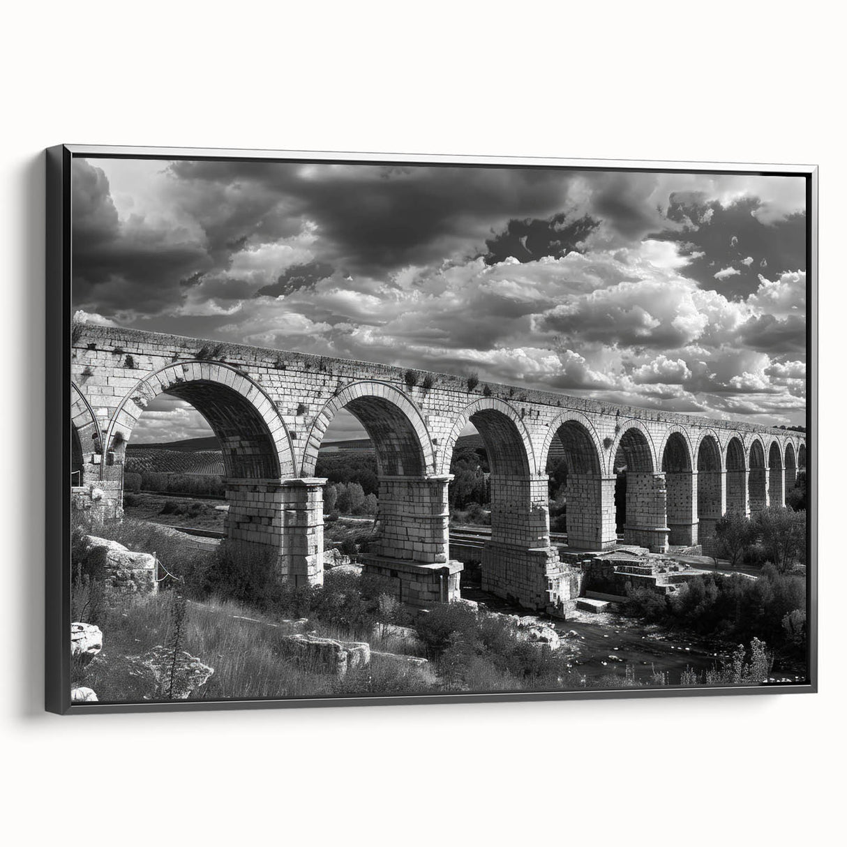 Framed canvas wall art collection titled "Landscapes and Railroads," featuring a vibrant black frame, showcasing a scenic railroad landscape design in a modern setting.