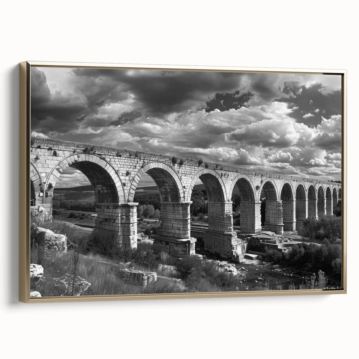 Framed canvas wall art showcasing a stunning landscape with railroads, highlighted by a gold frame, perfect for enhancing home decor with a touch of elegance.