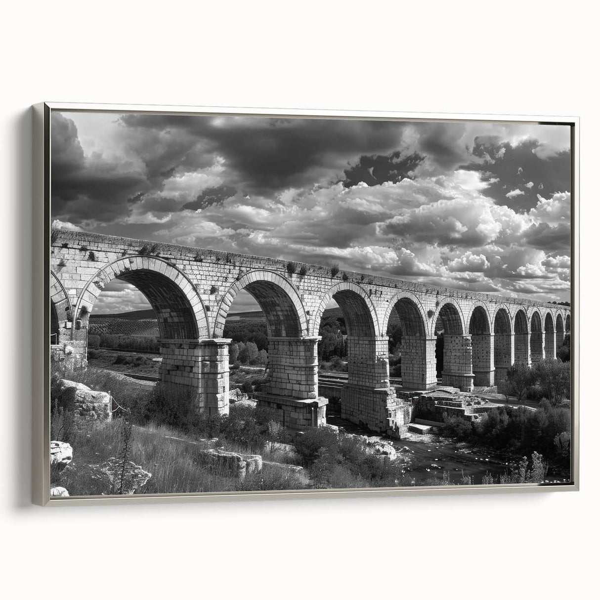Framed canvas wall art depicting a scenic landscape with a railroad, featuring silver accents and a modern design, ideal for enhancing home or office decor.
