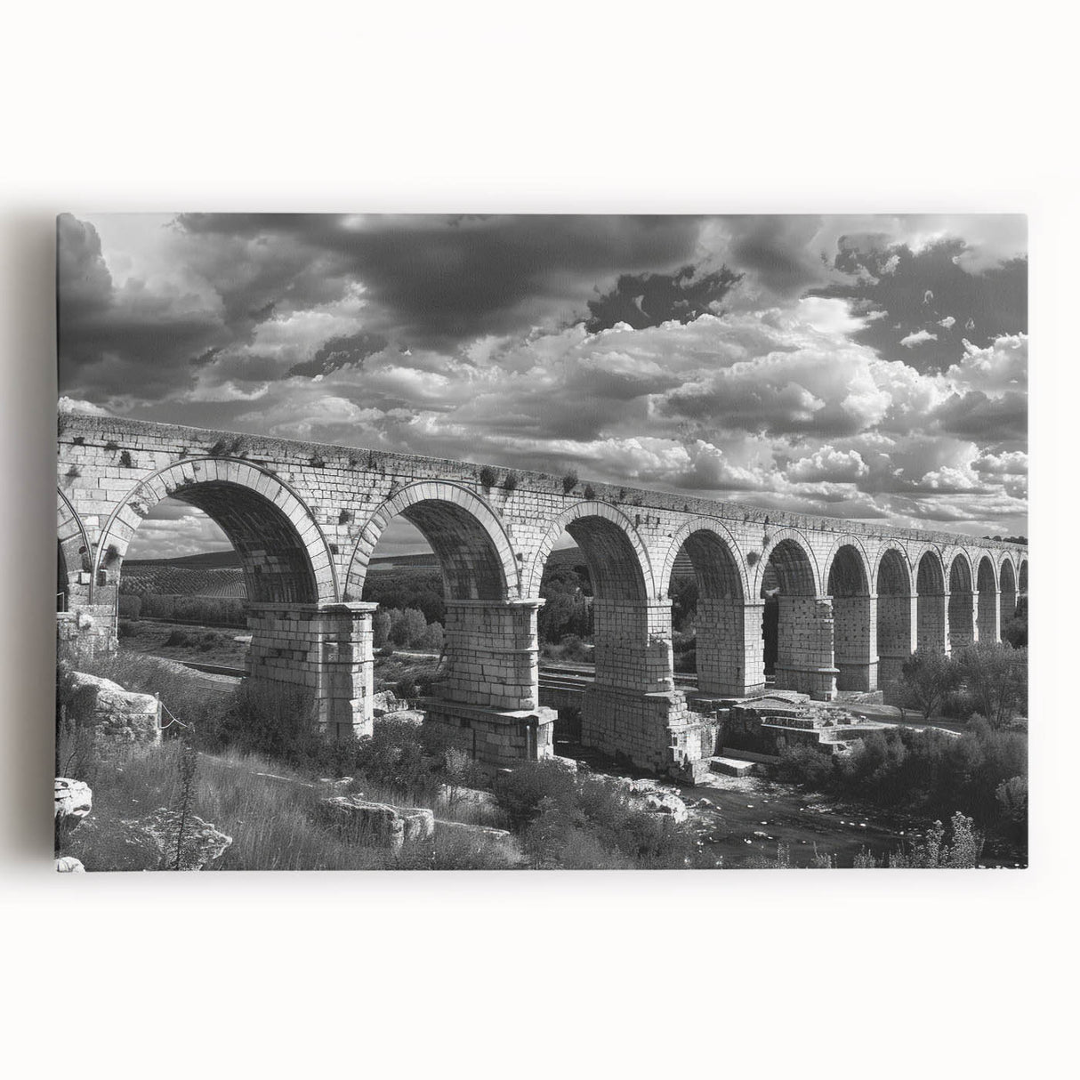 Stretched canvas wall art showcasing a vibrant railroad landscape design, featuring lush greenery and a dramatic sky, perfect for modern home décor.